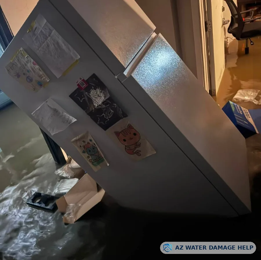 Refrigerator tipped over in a flooded room with standing water