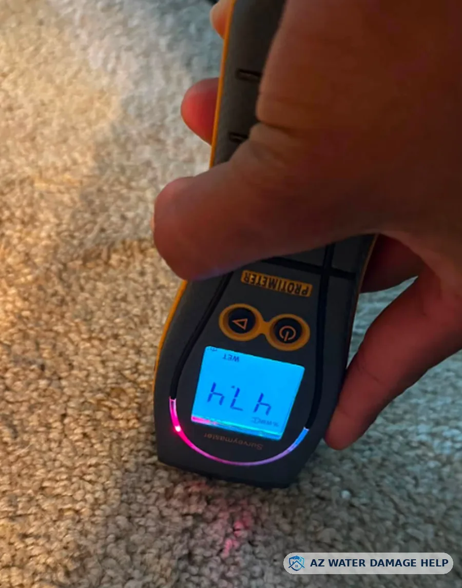 Moisture meter reading on wet carpet during a water damage inspection