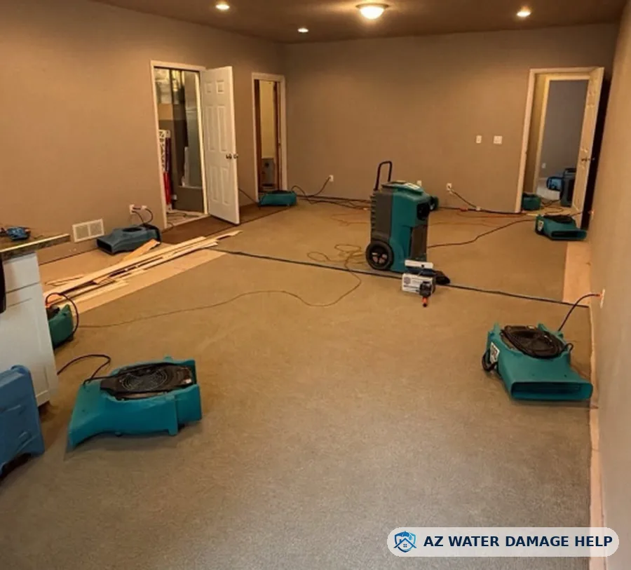 Air movers and a dehumidifier drying wet carpet after a leak